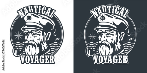 Stylized illustration of a bearded sea captain wearing a nautical hat, embodying the spirit of maritime exploration and adventure with a vintage, classic design ideal for nautical themes