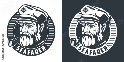 Stylized illustration of a bearded sea captain wearing a nautical hat, embodying the spirit of maritime exploration and adventure with a vintage, classic design ideal for nautical themes