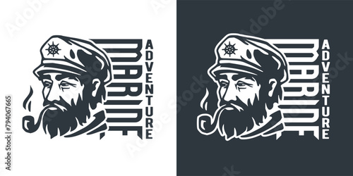 Stylized vector illustration of a bearded sea captain in a sailor hat, capturing the spirit of nautical adventure with marine design suitable for logos or apparel