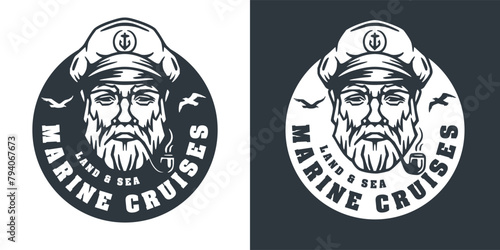 Bearded ship captain with a pipe and peaked cap for marine nautical design