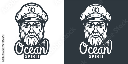 Bearded ship captain with a pipe and peaked cap for marine nautical design