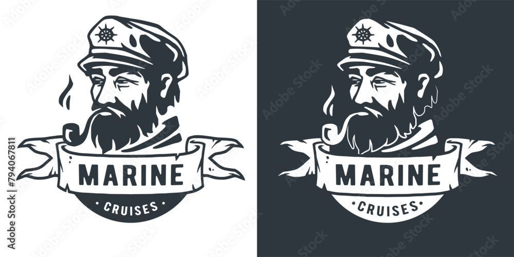 Fototapeta premium Nautical maritime emblem depicting a sea captain wearing a sailor hat and uniform, with a beard, navigating a ship at sea, in a marine-themed illustration