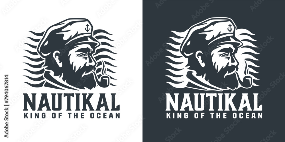 Black and white illustration of a seasoned sailor, featuring a captain with a sailor hat and pipe for nautical themes, branding, and maritime-related designs Black and white illustration of a seasoned sailor, featuring a captain with a sailor hat and pipe for nautical themes, branding, and maritime-related designs