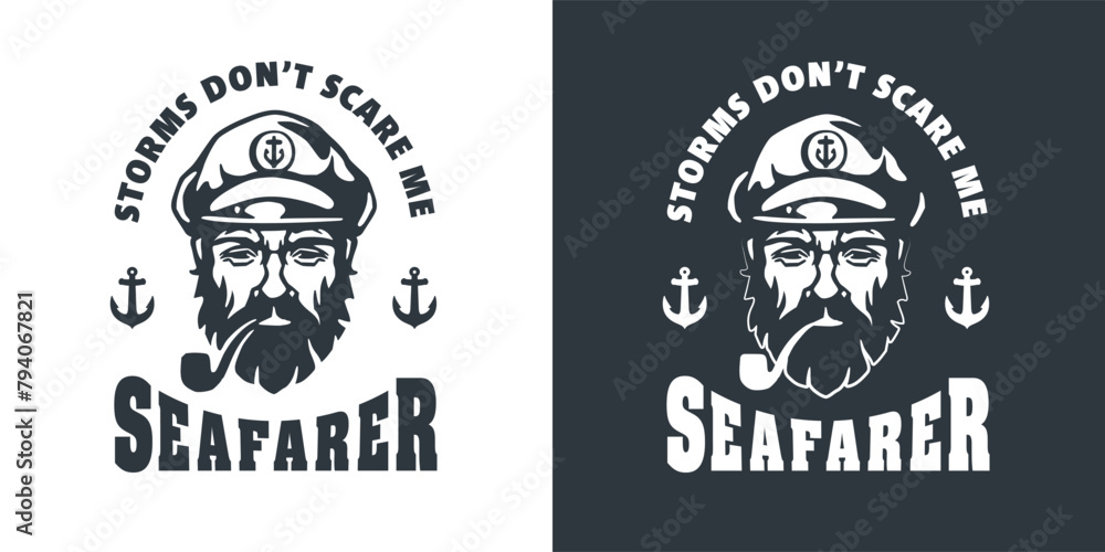 Illustrative monochrome emblems of a bearded sea captain wearing a sailor hat, surrounded by a nautical banner with the words sea life inscribed for maritime designs