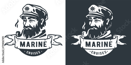 Nautical maritime emblem depicting a sea captain wearing a sailor hat and uniform, with a beard, navigating a ship at sea, in a marine-themed illustration