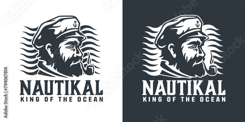 Black and white illustration of a seasoned sailor, featuring a captain with a sailor hat and pipe for nautical themes, branding, and maritime-related designs