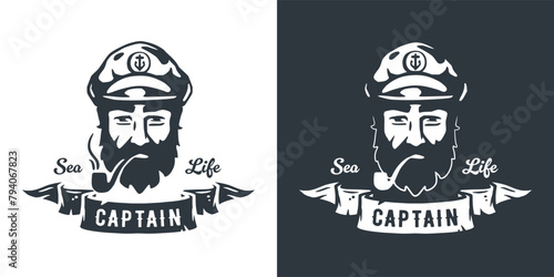 Illustrative monochrome emblems of a bearded sea captain wearing a sailor hat, surrounded by a nautical banner with the words sea life inscribed for maritime designs