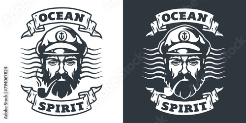 Black and white vector illustration of a nautical captain with a beard, wearing a sailor hat, encapsulated by an ocean spirit banner, representing a timeless maritime theme