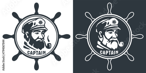 Emblem featuring a bearded captain wearing a sailor hat, set against a ship's wheel backdrop with the word voyager prominently displayed, evoking a strong nautical theme
