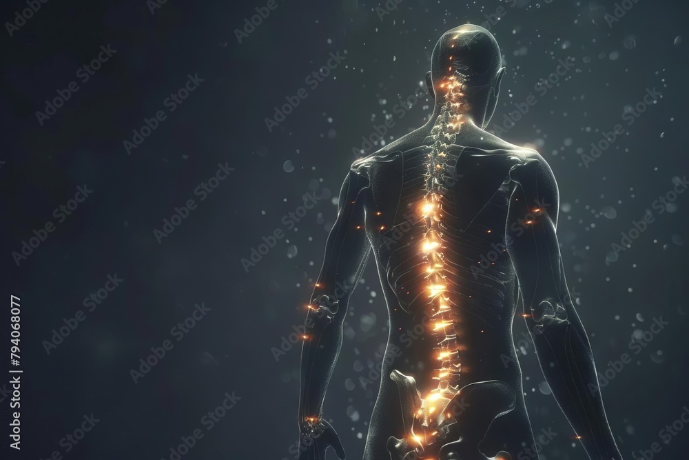 human anatomy concept with mans glowing backbone highlighting spinal health 3d illustration
