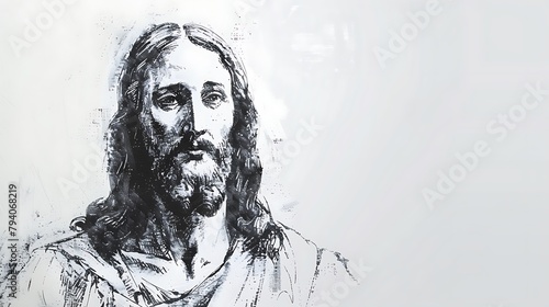 Jesus Portrait Sketch: White Background, Copy Area, Religious Art Illustration photo
