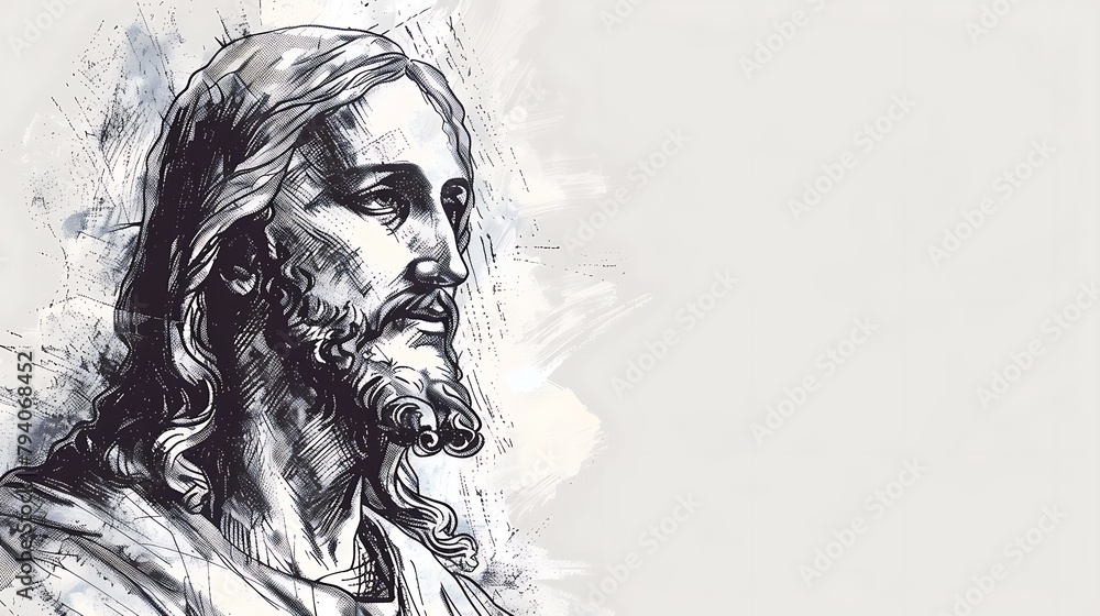 Hand-Drawn Jesus: White Background, Ample Copy Space, Sketch of Religious Figure Hand-Drawn Jesus: White Background, Ample Copy Space, Sketch of Religious Figure