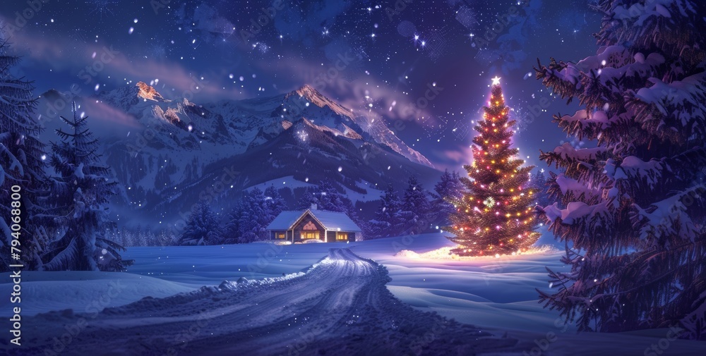 Naklejka premium Christmas tree with ornaments in the winter wonderland landscape, snow, night, decorated xmas tree - festive and lights, holiday and celebration 