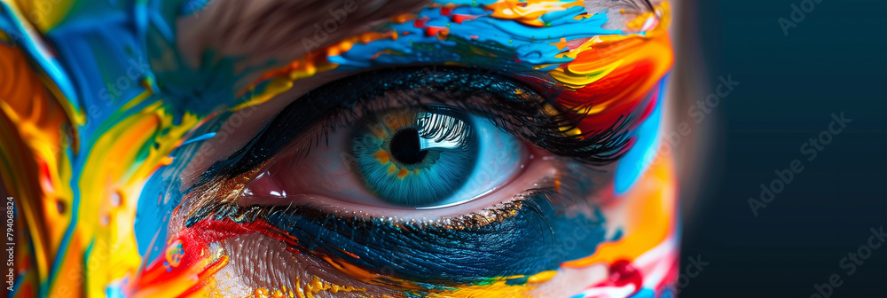 Close-up of a human eye painted in vivid dramatic colors, showcasing impressive body painting art.