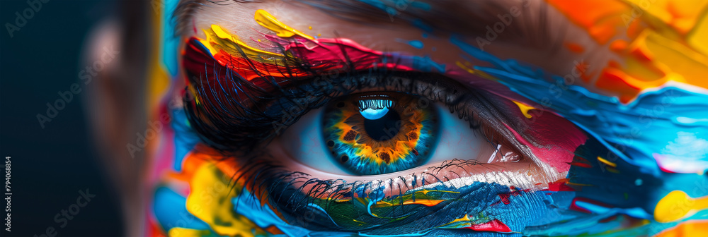Close-up of a human eye painted in vivid dramatic colors, showcasing impressive body painting art.