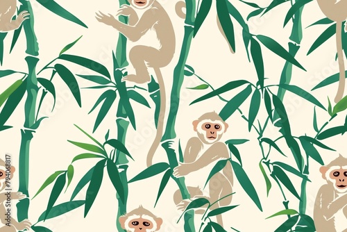 Seamless, playful monkey and bamboo shoot pattern. photo