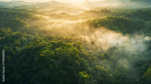 panoramic view of the tropical jungle, tropical forest scenery, tropical green landscape