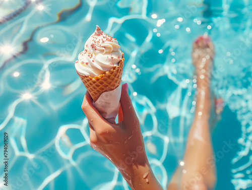Close up female hand holding ice cream cone at swimming pool.Hello summer and relaxation concepts.refreshment with sweet taste.dessert flavour food.
