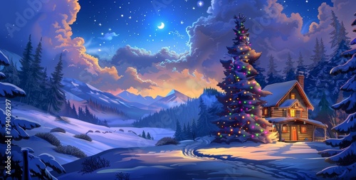 Christmas tree with ornaments in the winter wonderland landscape, snow, night, decorated xmas tree	- festive and lights, holiday and celebration
