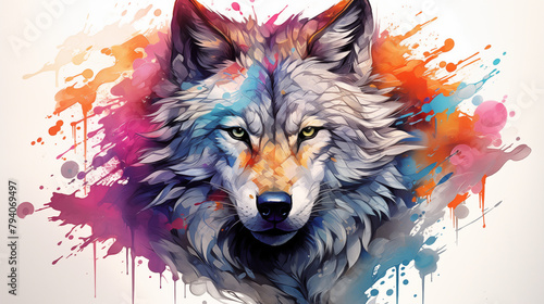 Stylized Wolf Graphic with Paint Splash Effect