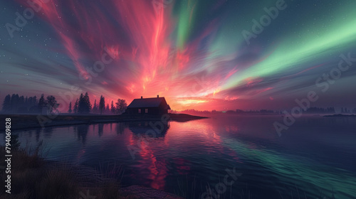 A house is in the foreground of a beautiful  colorful sky