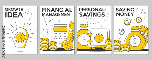 Set of minimalist vector business and finance poster. Financial management, saving money, personal savings, growth idea concept. For banner, motivation, advertisement, a4 format.