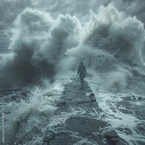 A man is walking on a pier in the middle of a storm