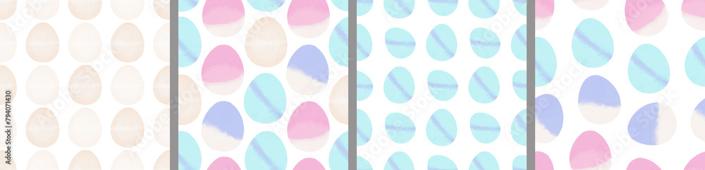 Watercolor set of seamless patterns. Collection of hand drawn pastel Easter eggs Watercolor set of seamless patterns. Collection of hand drawn pastel Easter eggs