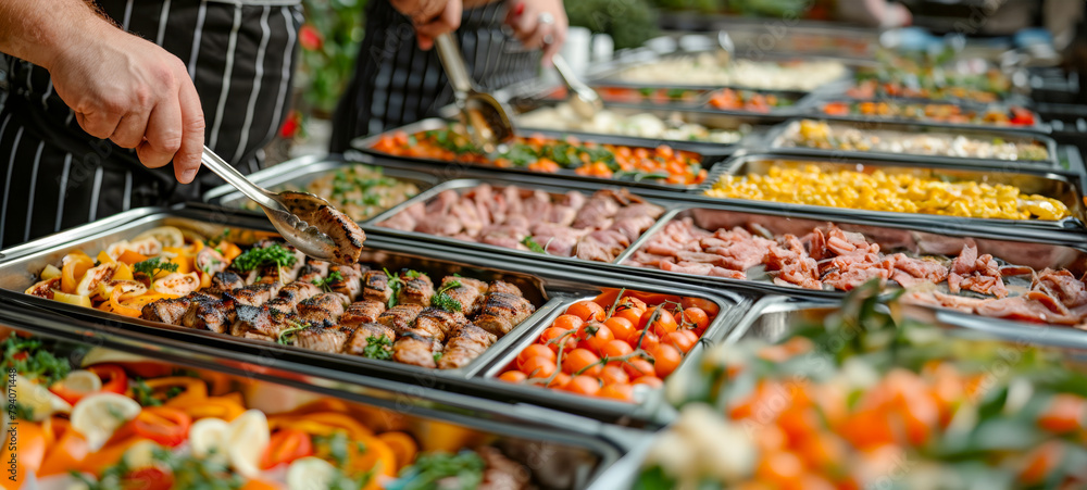 Chef arranging assorted kebabs in a contemporary buffet display