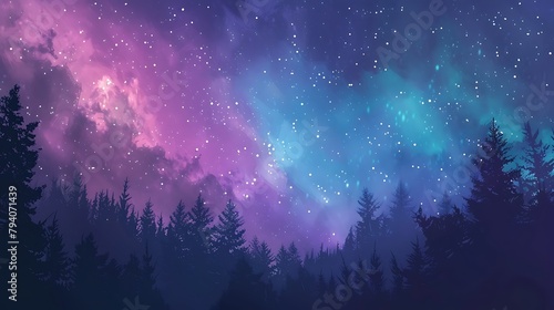 Starry sky with colorful aurora night sky forest photo