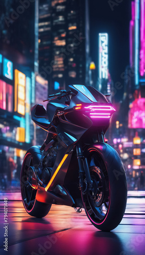 Bright Motorcycle in Urban Landscape of Night Metropolis