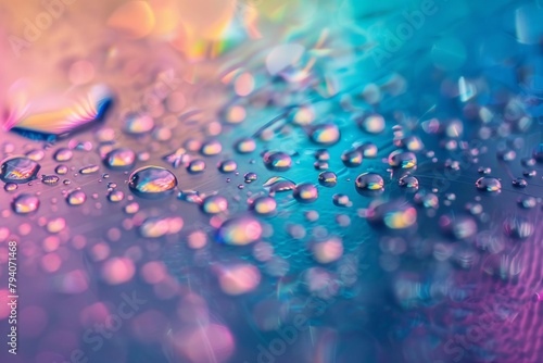 iridescent water droplets on transparent surface abstract liquid background