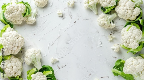  Border of artificial Cauliflower white background with empty space, top view