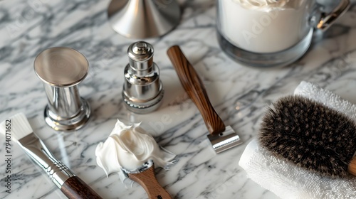 Elegant Shaving Tools Arrangement on Marble Countertop: A Grooming Ritual's Grace photo