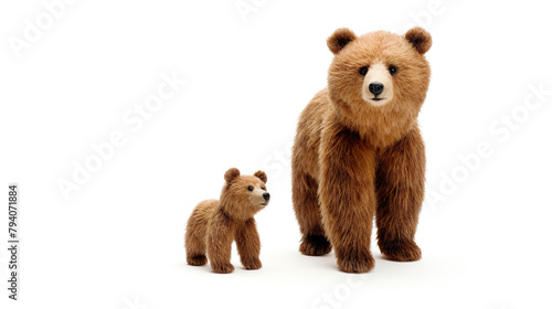 brown bear toy with mother and child separated against a stark white background © drizzlingstarsstudio