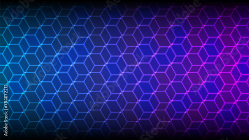 Dark gray and blue technology hexagonal vector background. Abstract blue bright energy flashes under a hexagon in a dark hi-tech futuristic modern vector background gaming honeycomb texture grid.