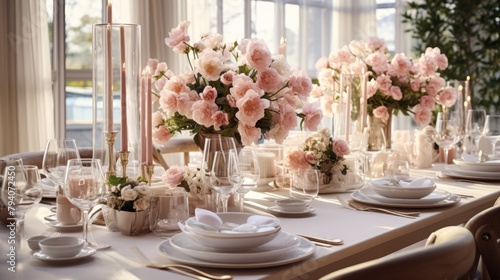 Elegant Wedding Table Setting with Pink Floral Decorations