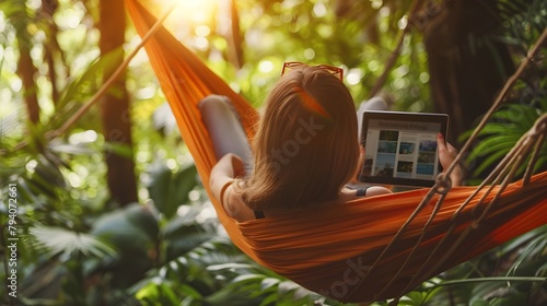Leisurely Tech Embrace: A Person Immersed in an E-Magazine while Lounging in a Hammock Surrounded photo