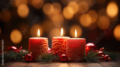 Festive Red Candles with Christmas Decorations and Sparkling Lights