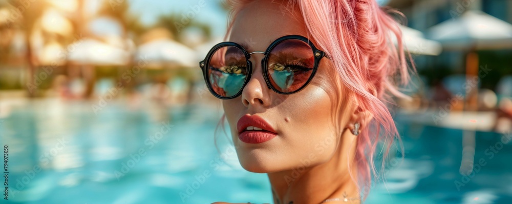 Happy teenager on summer vacation in a luxury resort. Summer holidays concept.. Portrait of a beautiful teenage tattooed influencer with pink hair and piercings having fun at a luxury resort Happy teenager on summer vacation in a luxury resort. Summer holidays concept.. Portrait of a beautiful teenage tattooed influencer with pink hair and piercings having fun at a luxury resort