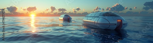 A 3D cartoon of AIpowered autonomous boats conducting marine research photo