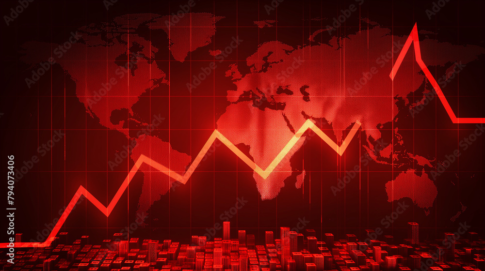 Red arrow graph drop arrow down with world map on red background. - obrazy, fototapety, plakaty 