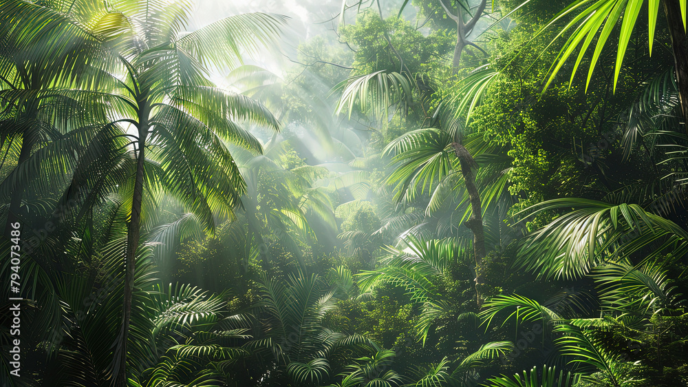 panoramic view of the tropical jungle, tropical forest scenery, tropical green landscape