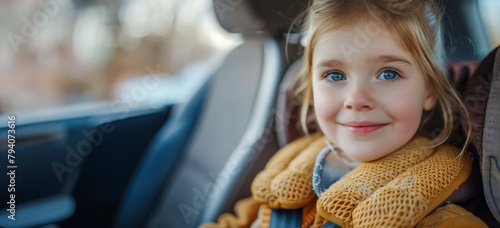 Young girl with blue eyes smiling in car seat