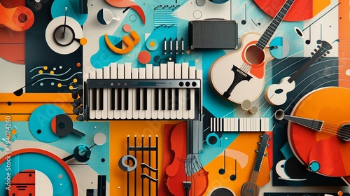 Wallpaper Mural A captivating collage of musical instruments and sound waves for a music brand. Harmonious. Bold and expressive colors. Torontodigital.ca