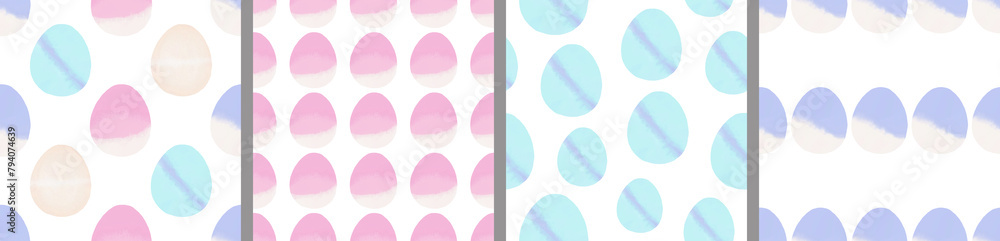 Watercolor set of seamless patterns. Collection of hand drawn pastel Easter eggs