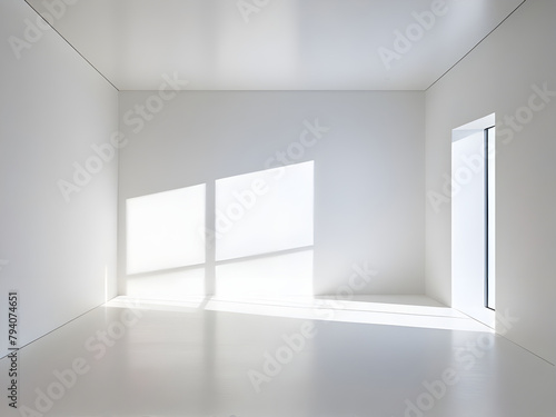 A vacant space illuminated by pure white light  casting delicate shadows on its floor and background.
