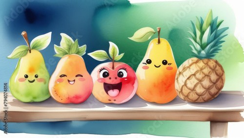 Funny cartoon fruit characters with various face expression. Healthy funny food showing different emotions. watercolor illustration 