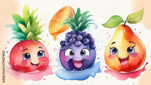 Funny cartoon fruit characters with various face expression. Healthy funny food showing different emotions. watercolor illustration 