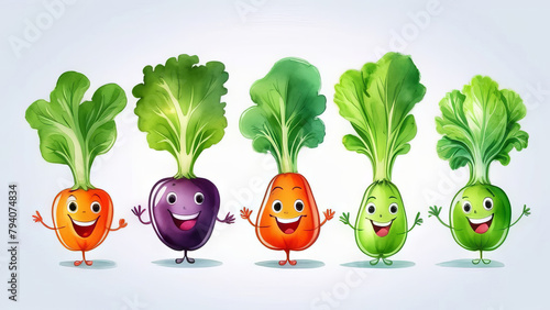 Funny cartoon vegetable characters with various face expression. Healthy funny food showing different emotions. watercolor illustration 